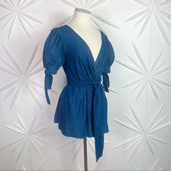 C/MEO Collective Kind to you Romper Puff Sleeve Cross Back Romper in Indigo - Picture 10 of 14